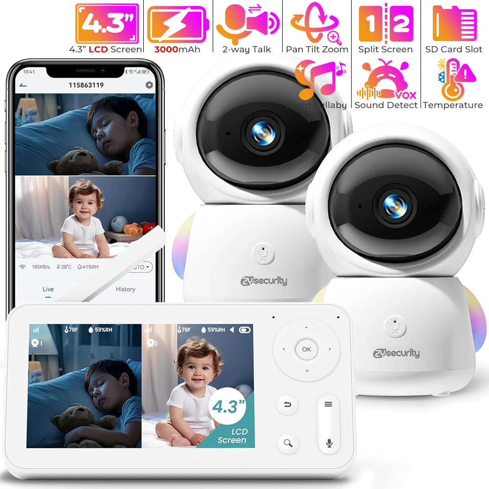 Audio Music To Video - جهاز مراقبة الطفل 2K مع كاميرتين